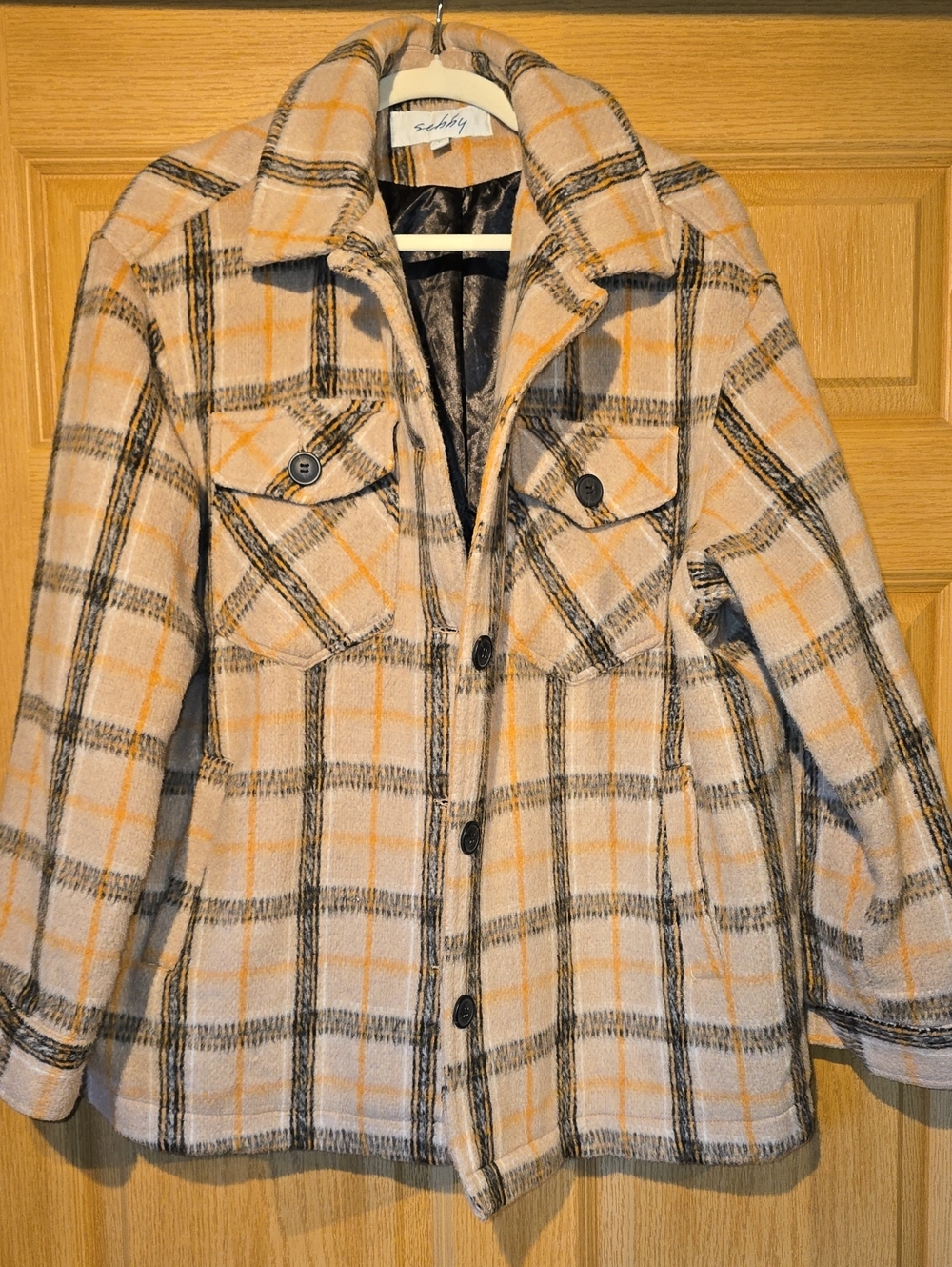 Sebby Beige Plaid Utility Jacket with Black and Orange Accents